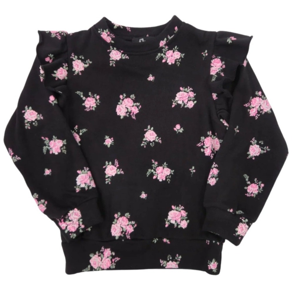 Flowers by Zoe Girls Black Pink Rose Floral Ruffle Shoulder Sweatshirt NWT